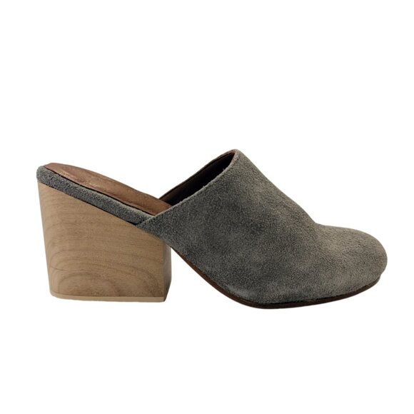 CERI HOOVER Miller Mule 7 Wood Heel Hand-Carved Gray Suede Leather Upper - Picture 3 of 13